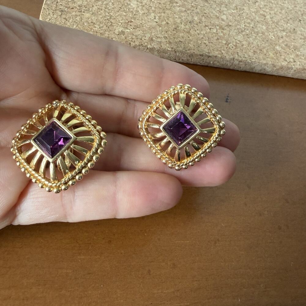 Swarovski Square Gold Tone Clip-on Earrings With Purple Crystal, glam, elegant